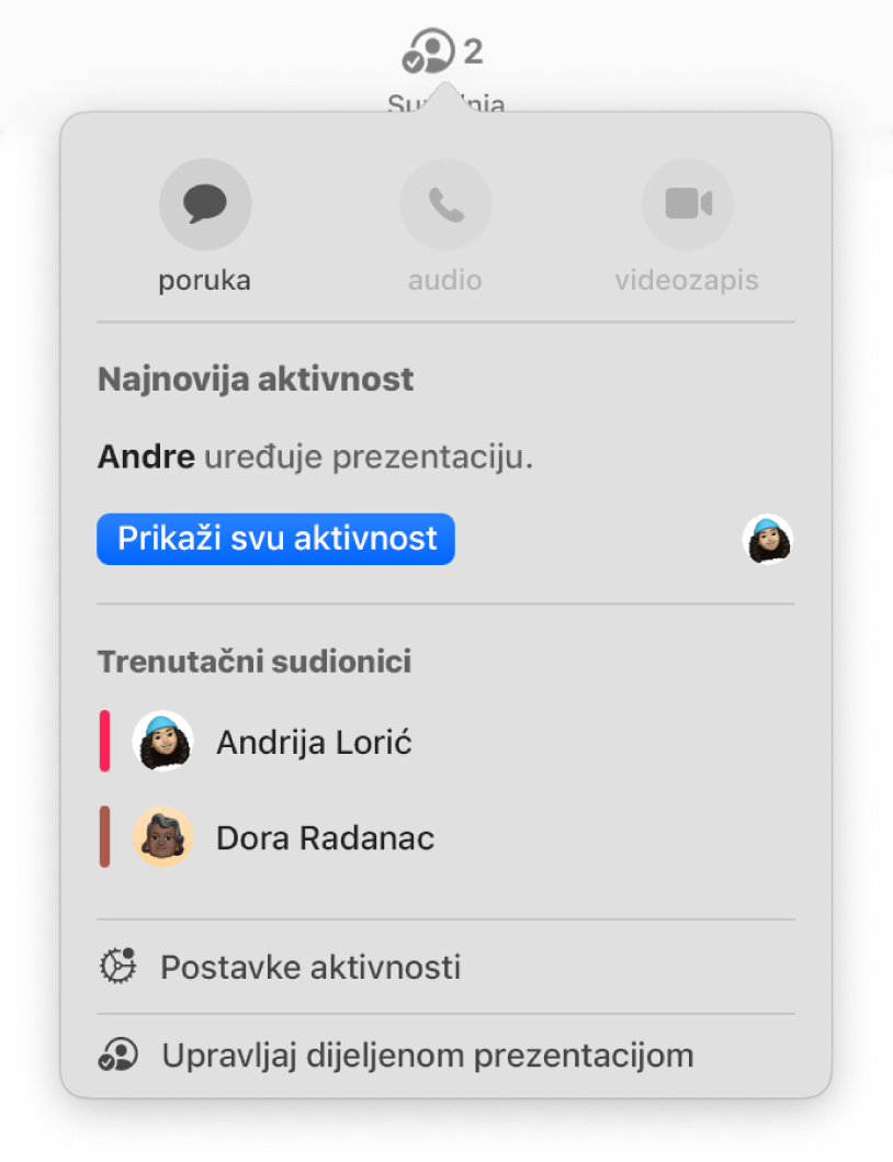 Izbornik suradnje prikazuje imena ljudi koji surađuju na prezentaciji.