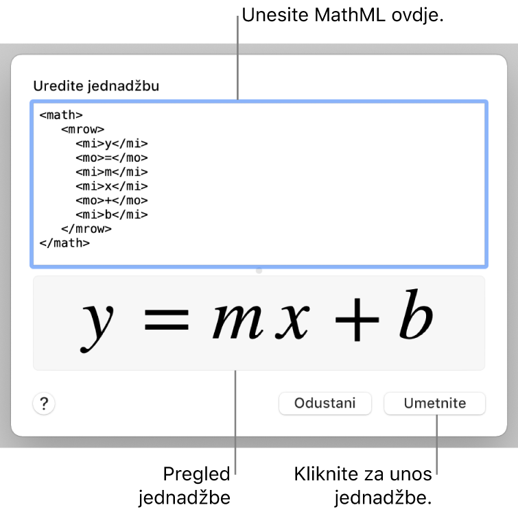 Jednadžba za nagib linije u polju Uredi jednadžbu, i pregled jednadžbe u nastavku.