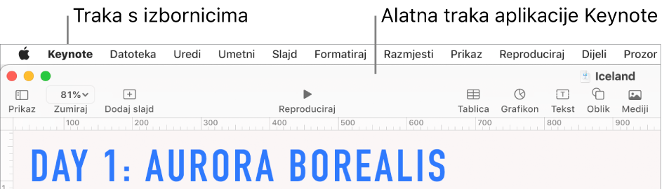 Traka izbornika na vrhu zaslona s izbornicima Apple, Keynote, Datoteka, Uredi, Unesi, Formatiraj, Razmjesti, Prikaz, Reproduciraj, Dijeli, Prozor i Pomoć. Ispod trake izbornika nalazi se otvorena prezentacija aplikacije Keynote s tipkama alatne trake preko vrha za opcije Prikaz, Zumiraj, Dodaj slajd, Reproduciraj, Tablica, Grafikon, Tekst, Oblik i Mediji.