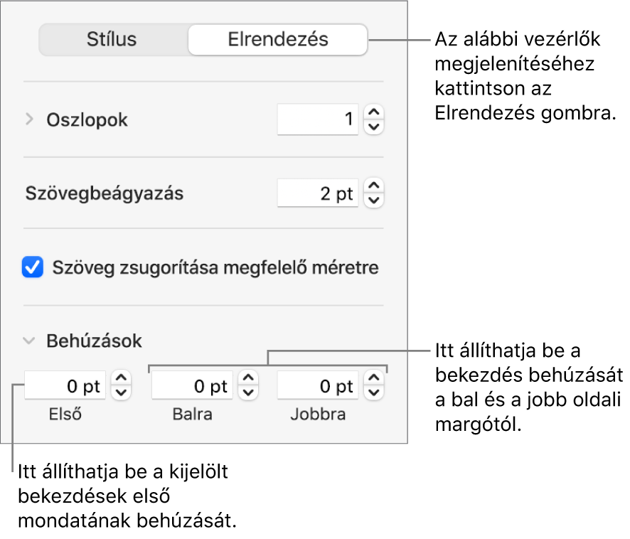 Az első sori behúzás és bekezdésmargók beállítására szolgáló vezérlők a Formátum oldalsáv Elrendezés területén.