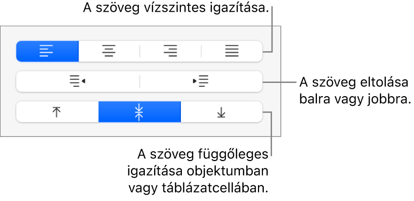 A Formátum gombbal elérhető Igazítás szakasz a szövegigazítási gombokat ismertető feliratokkal.