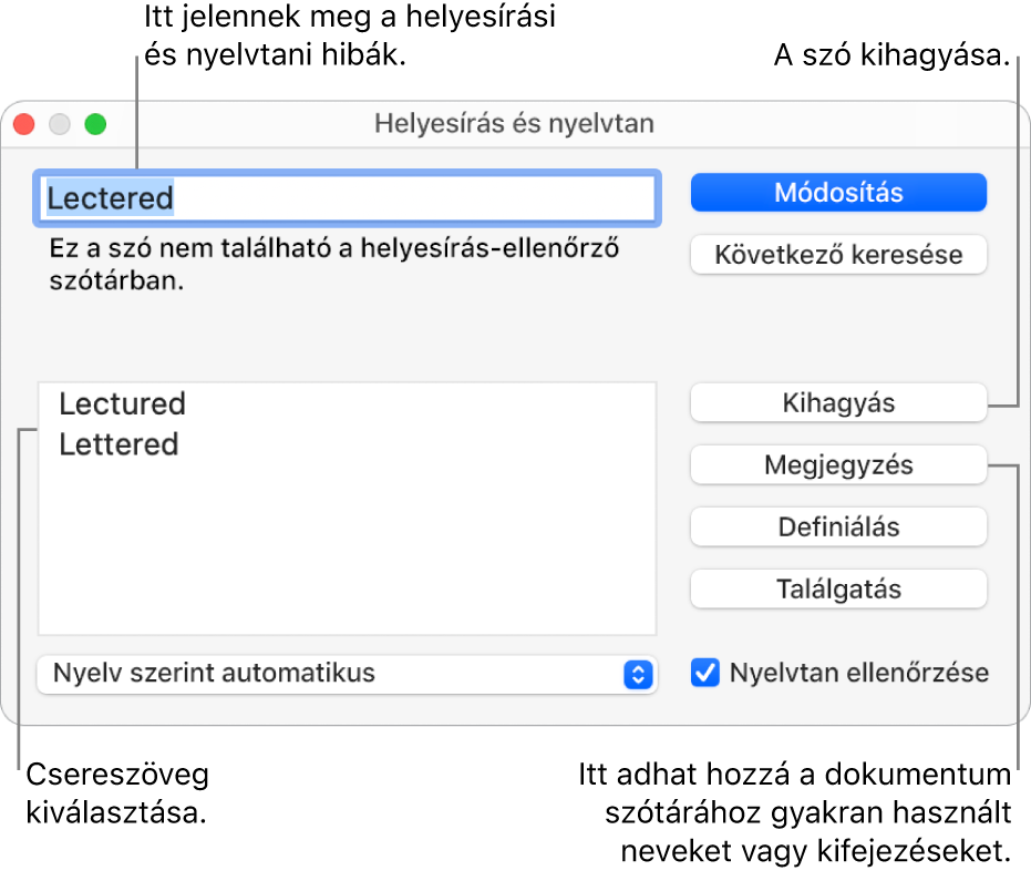 A Helyesírás és nyelvtan ablak.
