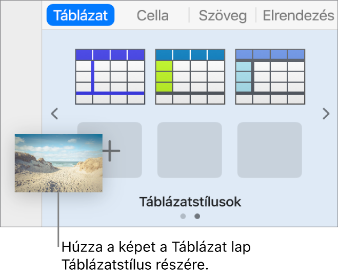 Új stílus létrehozása egy kép táblázatstílusokhoz történő húzásával.