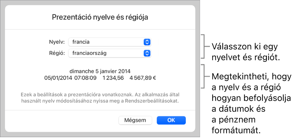 A Nyelv és régió panel a nyelv és régió vezérlőivel és egy formátum példával (ide értve: dátum, idő, tizedes és valuta).