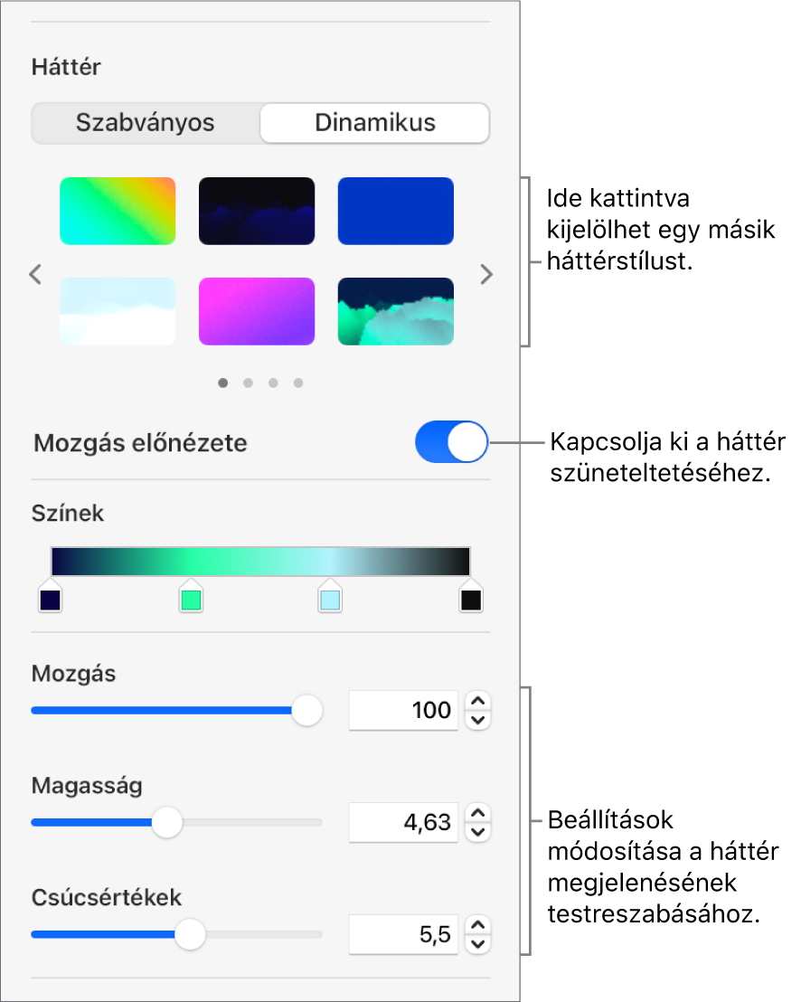 A kijelzőn a Formátum oldalsáv Háttér részén a kijelölt Dinamikus gomb látható a dinamikus háttérstílusokkal, a Mozgás előnézete és a megjelenés vezérlőkkel.