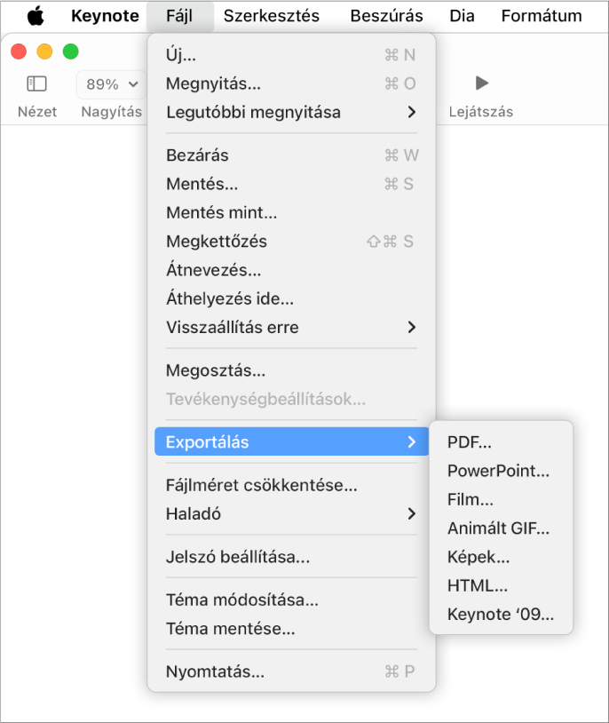 A megnyitott Fájl menü, ahol az Exportálás ide van kijelölve, az almenü pedig megjeleníti a PDF, PowerPoint, Film, HTML, Képek és Keynote '09 formátumba történő exportálási lehetőségeket.
