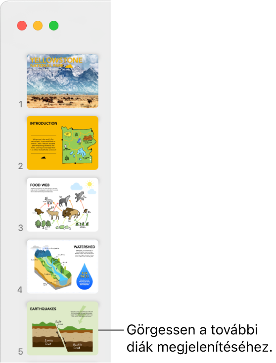 A dianavigátor, amelyben öt dia látható függőlegesen elrendezve, és egy opció, amely lehetővé teszi a lefelé történő görgetést a további diák megtekintése érdekében.