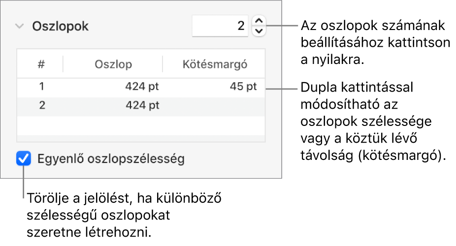 Vezérlők az oszlop szakaszban a hasábok számának és az egyes hasábok szélességének módosításához.