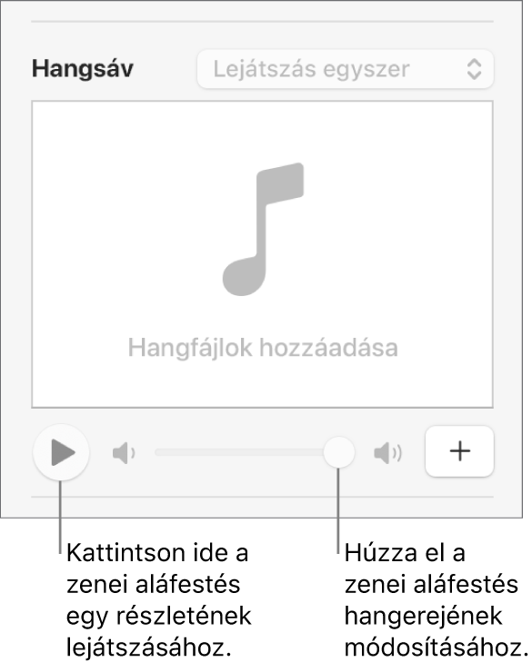 A Hangsáv vezérlői a Lejátszás gombbal és a kiemelt hangerőcsúszkával.