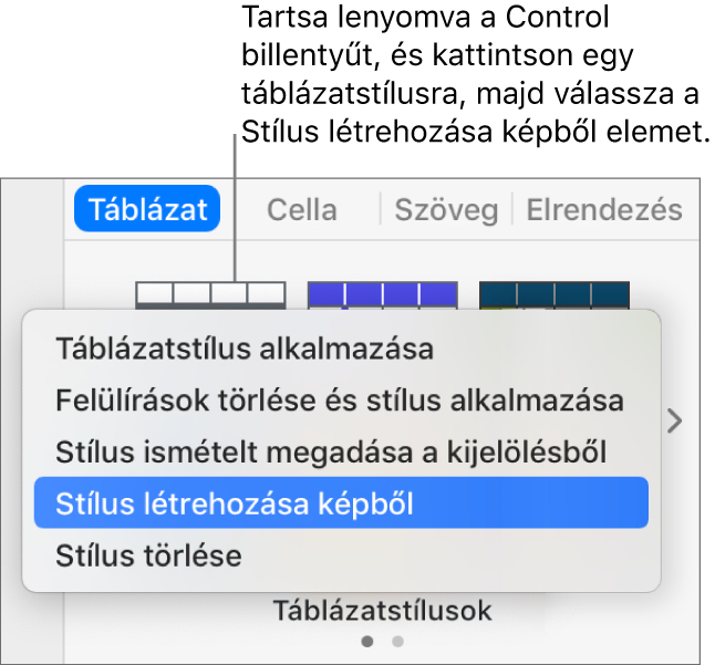 A Táblázatstílus helyi menü.