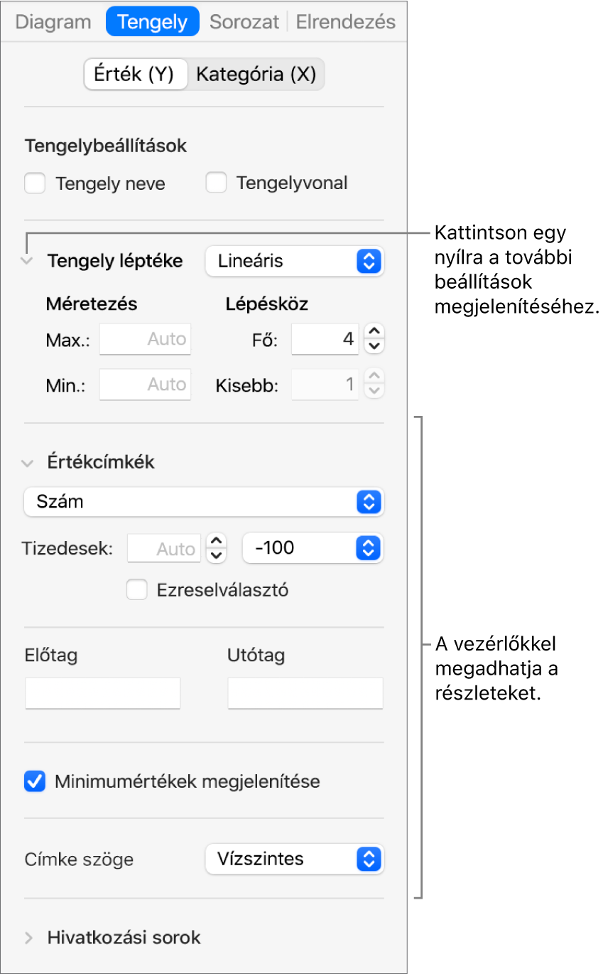 Vezérlők a diagramtengelyek jelölésének formázására.