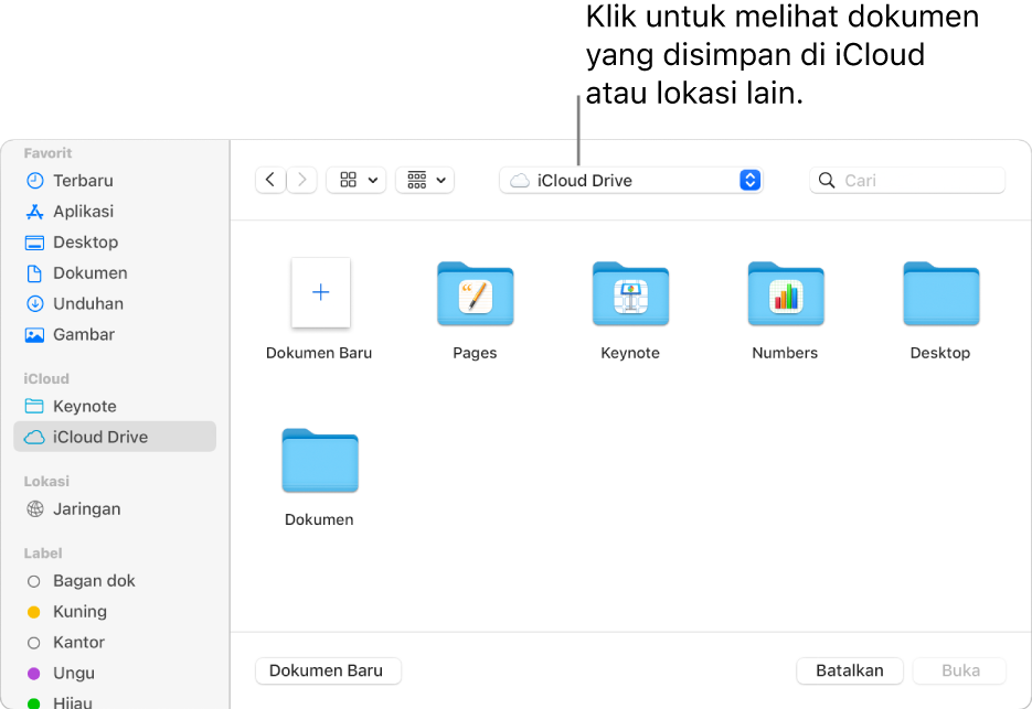 Dialog Buka dengan bar samping terbuka di sebelah kiri dan iCloud Drive dipilih di menu pop-up di bagian atas. Folder untuk Keynote, Numbers, dan Pages muncul di dialog bersama dengan tombol Dokumen Baru.