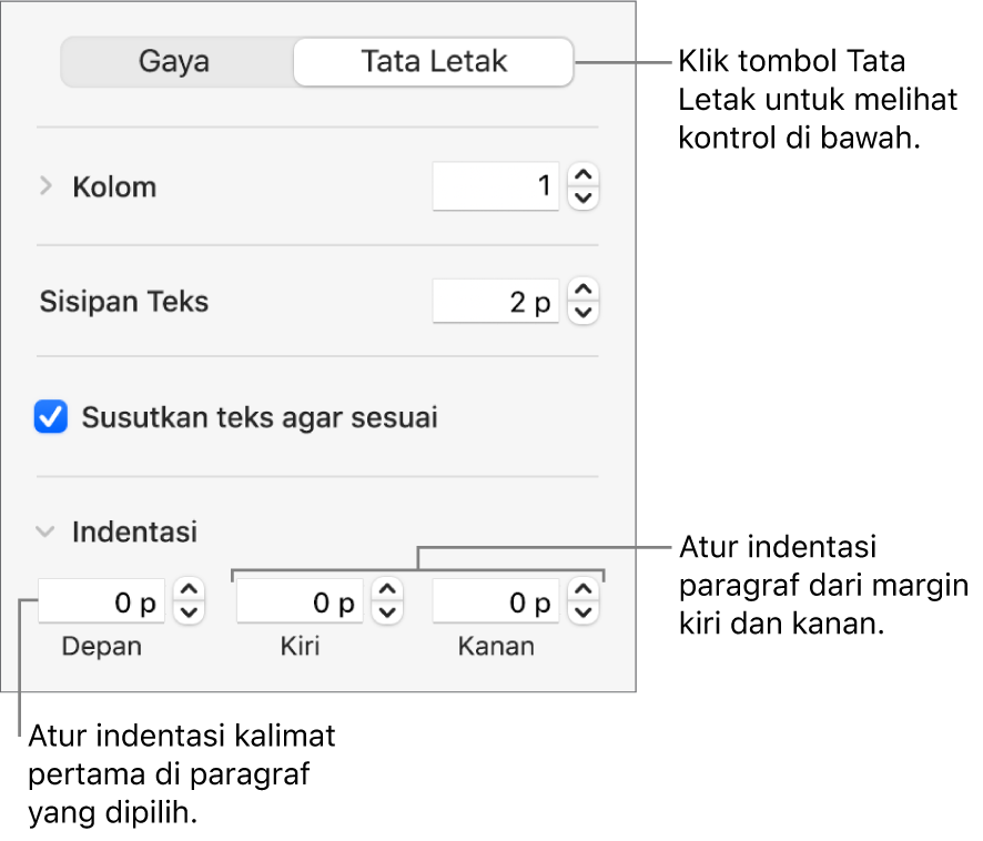 Bagian Tata Letak pada bar samping Format menampilkan kontrol untuk mengatur indentasi baris pertama dan margin paragraf.