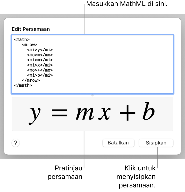 Persamaan untuk kemiringan garis di bidang Edit Persamaan, dan pratinjau formula di bawah.