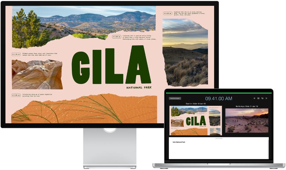 Layar berada di sebelah Mac portabel. Di layar, pertunjukan slide diputar dalam layar penuh. Di layar Mac, tampilan penyaji terbuka.