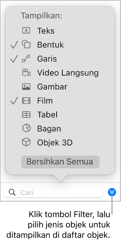 Menu pop-up Filter terbuka, dengan daftar jenis objek yang dapat disertakan dalam daftar (teks, bentuk, garis, gambar, film, tabel, dan bagan).