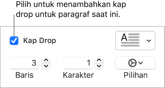 Kotak teks Kap Drop dipilih, dan menu pop-up muncul di kanannya; kontrol untuk mengatur tinggi garis, jumlah karakter, dan pilihan lainnya muncul di bawahnya.