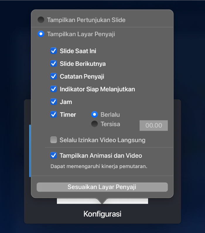 Pilihan untuk apa yang akan ditampilkan di setiap layar. Anda dapat menampilkan pertunjukan slide, atau menampilkan tampilan penyaji, yang memiliki pilihan meliputi Slide Saat Ini, Slide Berikutnya, Catatan Penyaji, Indikator Siap Melanjutkan, Jam, dan Timer. Timer memiliki pilihan tambahan untuk menampilkan waktu yang berlalu atau waktu yang tersisa.