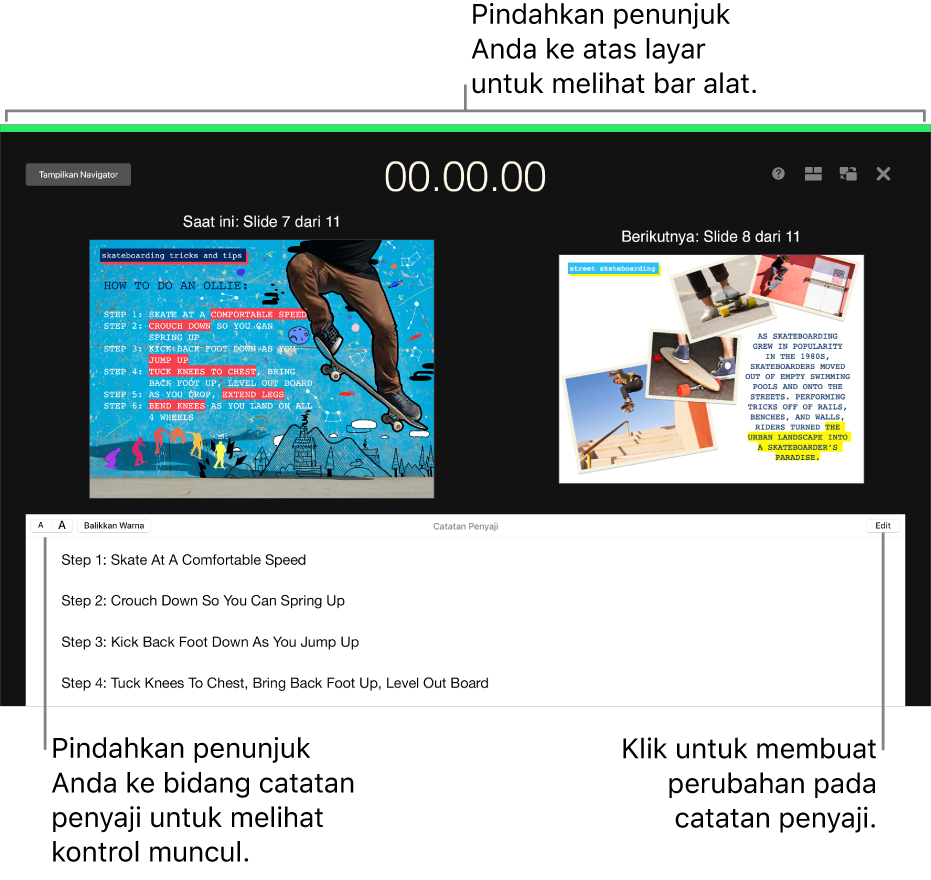 Tampilan penyaji Keynote dengan tombol untuk membuka dan menutup navigator slide dan menampilkan pilihan di sepanjang bagian atas layar. Slide saat ini dan slide berikutnya muncul di tengah layar, dengan bidang Catatan Penyaji di bagian bawah.