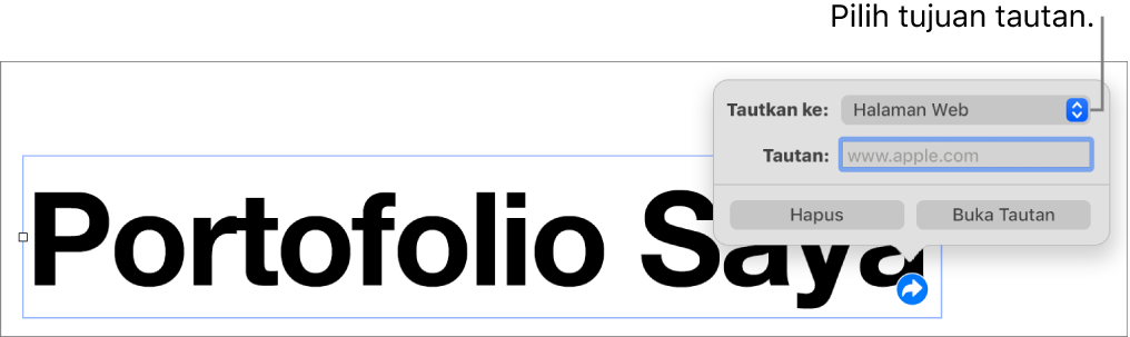 Kontrol editor tautan dengan Halaman Web dipilih dan tombol Hapus serta Buka Tautan di bagian bawah.