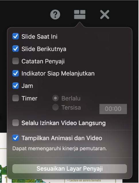 Pilihan tampilan penyaji, meliputi Slide Saat Ini, Slide Berikutnya, Catatan Penyaji, Indikator Siap Melanjutkan, Jam, dan Timer. Timer memiliki pilihan tambahan untuk menampilkan waktu yang berlalu atau waktu yang tersisa.