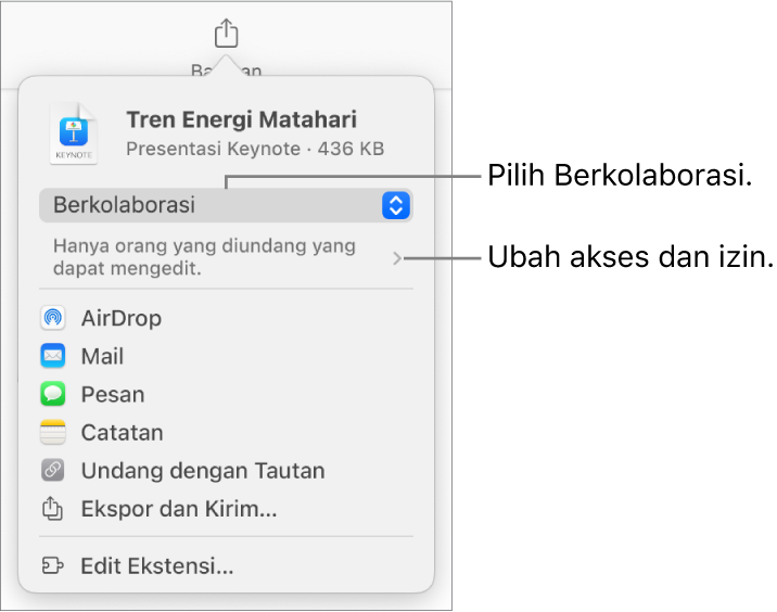 Menu Bagikan dengan Kolaborasi dipilih di bagian atas, dan pengaturan dan izin di bawahnya.