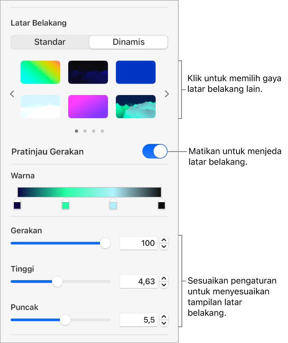 Tombol Dinamis dipilih di bagian Latar Belakang pada bar samping Format dengan gaya latar belakang dinamis, kontrol Pratinjau Gerakan, dan kontrol tampilan dipilih.