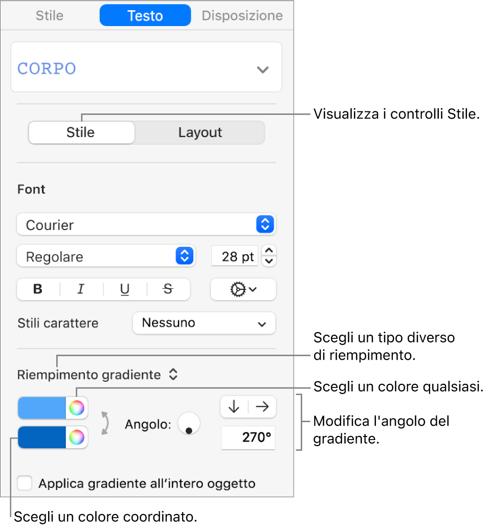 Controlli per la scelta dei colori predefiniti o qualsiasi colore.