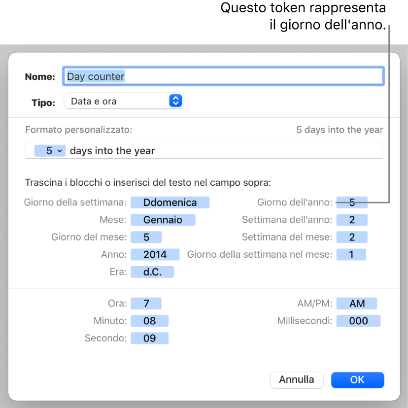 Finestra per la formattazione delle celle con controlli per creare un formato di data e ora personalizzato.