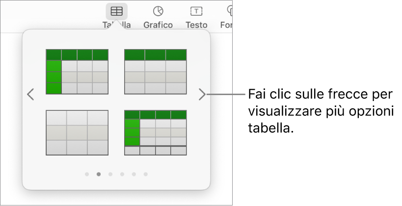 Pannello “Aggiungi tabella” con frecce di navigazione a sinistra e a destra.