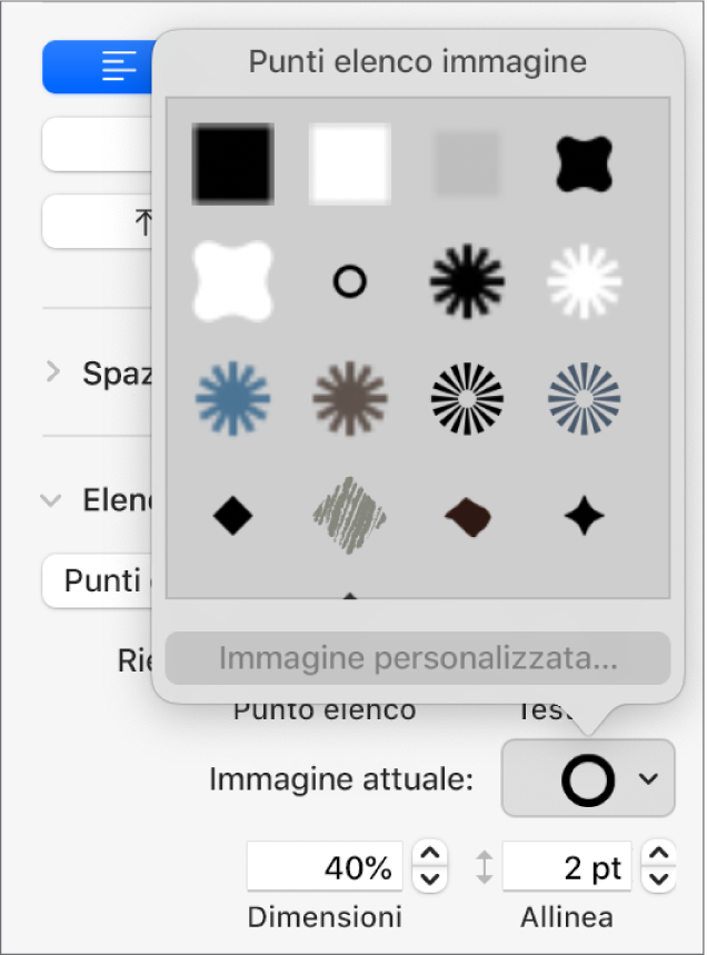Il menu a comparsa “Punti elenco immagine”.