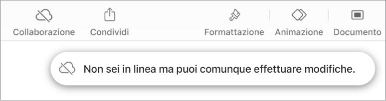 I pulsanti nella parte superiore dello schermo con il pulsante Collaborazione che si trasforma in una nuvola attraversata da una linea in trasversale. Un avviso sullo schermo dice “Non sei in linea ma puoi comunque effettuare modifiche.”