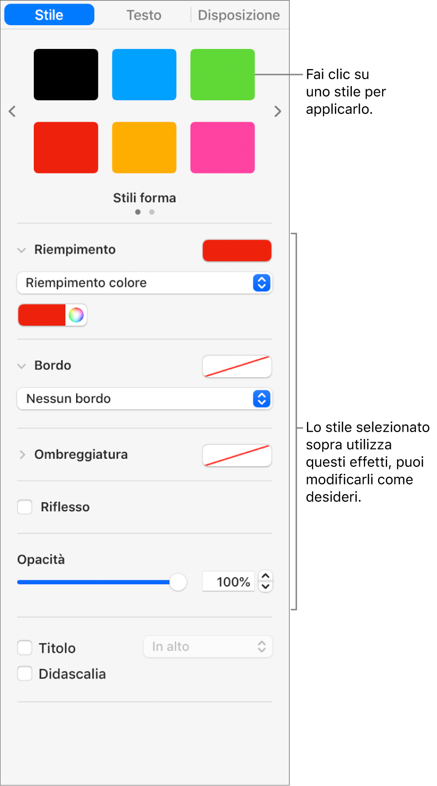 Stili di forma e opzioni nella sezione Formattazione della barra laterale.