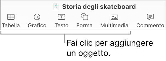 Barra strumenti di Keynote con i pulsanti utilizzati per aggiungere un oggetto a una diapositiva.