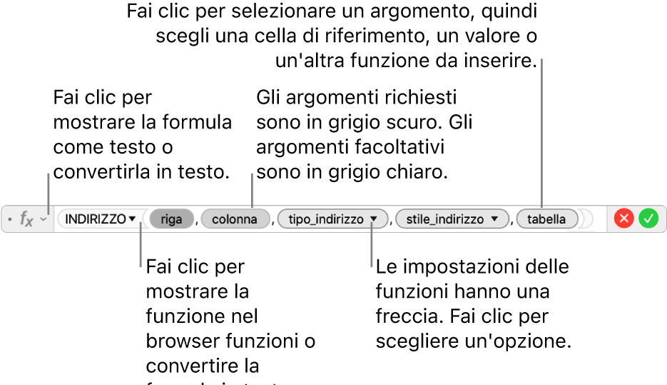 “Editor formule” con la funzione INDIRIZZO e i token degli argomenti corrispondenti.