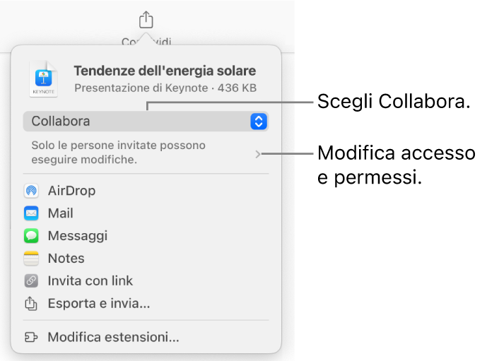 Il menu di condivisone con l’opzione Collabora selezionata in alto e le impostazioni di accesso e dei permessi sotto.