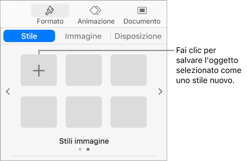 Pannello Stile della barra laterale Formato con uno stile casella di testo, un pulsante “Crea stile” sulla destra e quattro segnaposto vuoti per gli stili.