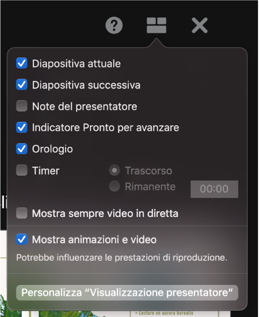 Le opzioni della visualizzazione presentatore, tra cui “Diapositiva attuale”, “Diapositiva successiva”, “Note del presentatore”, “Indicatore Pronto per avanzare”, Orologio e Timer. Il timer include opzioni aggiuntive per mostrare il tempo trascorso o il tempo rimanente.