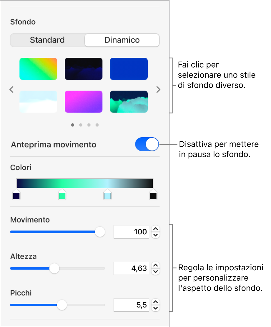 Il pulsante Dinamico selezionato nella sezione Sfondo della barra laterale Formattazione con gli stili di sfondo dinamico, il controllo per l’anteprima del movimento e i controlli di aspetto visualizzati.