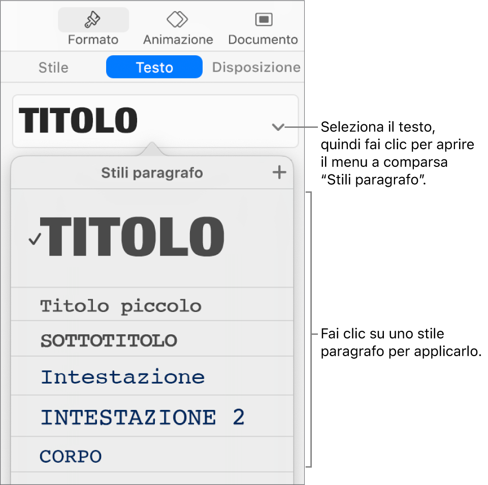 Il menu “Stili Paragrafo” con un segno di spunta accanto allo stile selezionato.