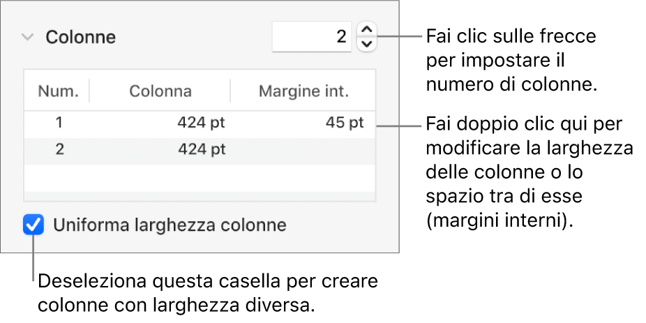 Controlli nella sezione Colonne per la modifica del numero di colonne e della larghezza di ogni colonna.