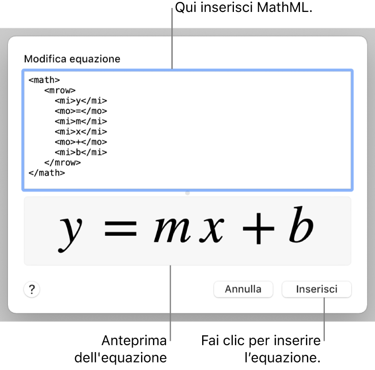 L’equazione del coefficiente angolare di una retta nel campo “Modifica equazione” e un’anteprima della formula sotto.