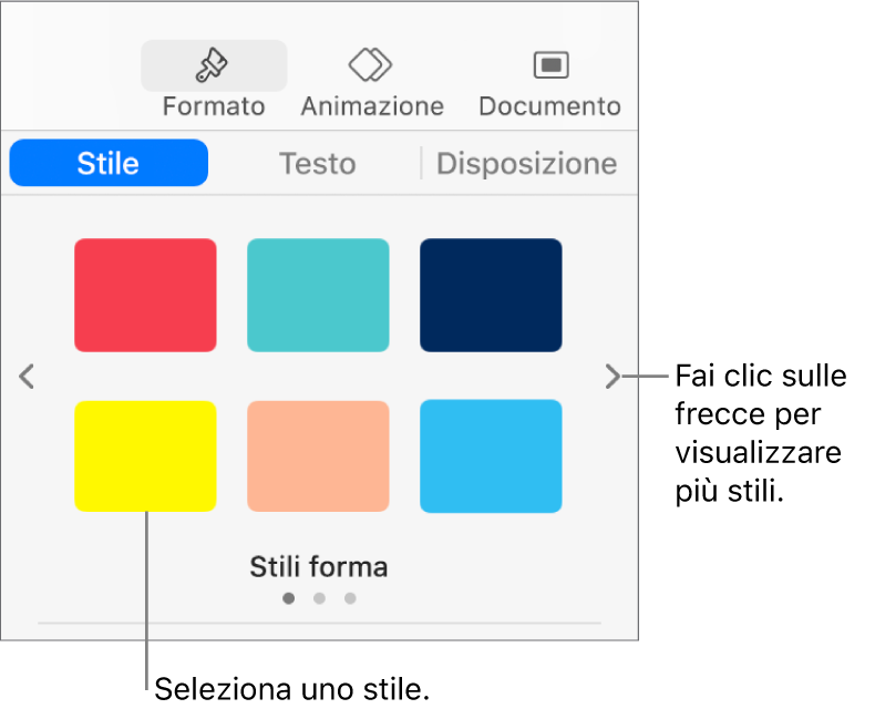 Pannello Stile della barra laterale Formato con sei stili di oggetto e frecce per la navigazione a destra e a sinistra.