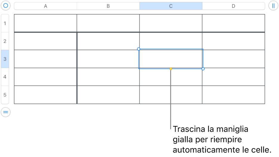 Una cella selezionata con una maniglia gialla che puoi trascinare per riempire automaticamente le celle.