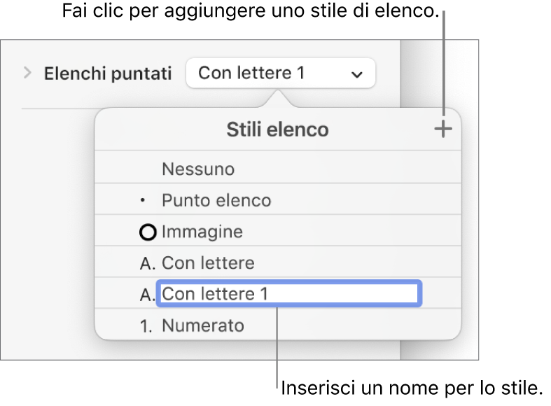 Menu a comparsa “Stili elenco” con un pulsante Aggiungi nell’angolo superiore destro e un nome di stile segnaposto con il suo testo selezionato.