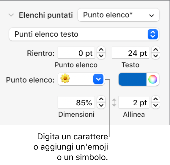 La sezione “Elenchi puntati” della barra laterale Formato. Nel campo “Punto elenco” viene visualizzata l’emoji di un fiore.