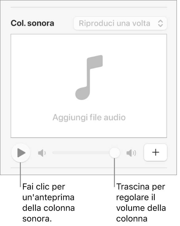 I controlli “Colonna sonora”, con il pulsante Riproduci e il regolatore del volume visibile.