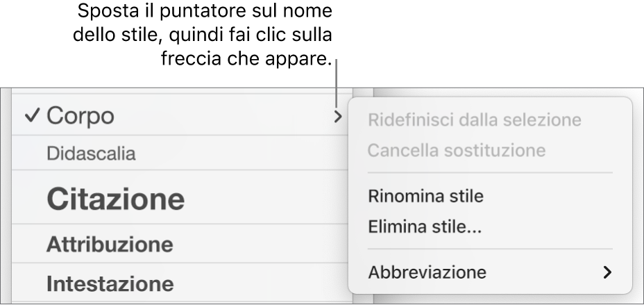 Il menu “Stili Paragrafo” con il menu di scelta rapida aperto.