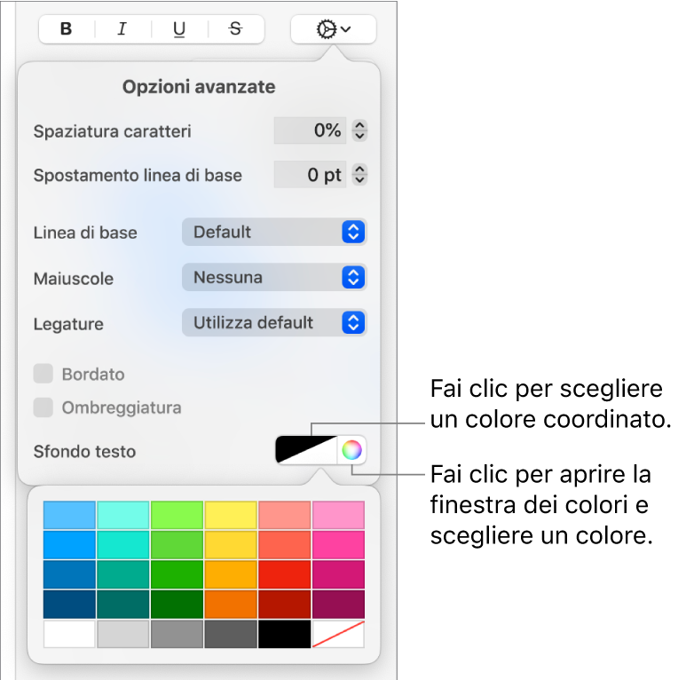 Controlli per la scelta di un colore di sfondo per il testo.