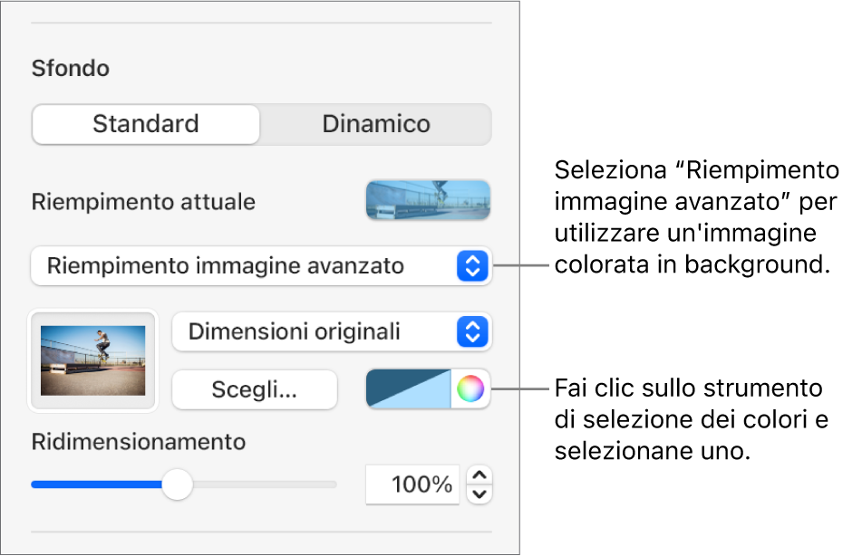 I controlli Sfondo, con un’impostazione “Riempimento immagine avanzato” colorata impostata come sfondo della diapositiva.